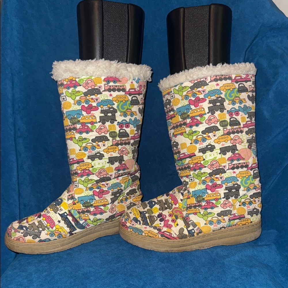 Colorful Cartoon  planes, trains, and automobiles Print Boots with Fur Trim,S-39